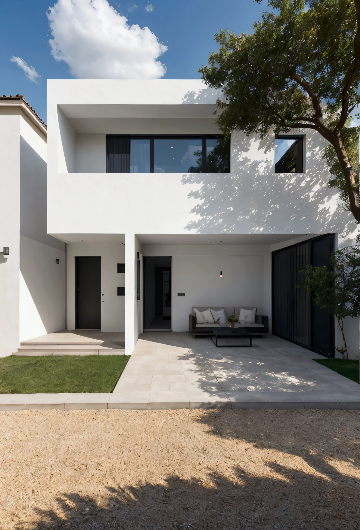 CRU photo,work of art, high qualiy, best qualityer, authentic, super detaill, plein-air, front-facing, single storey villaXL, aiai group, modern house style on the street, front house, visão front-facing, white wall road, pavement, gram, Trees, sky, nube, (Day Light:1.1)