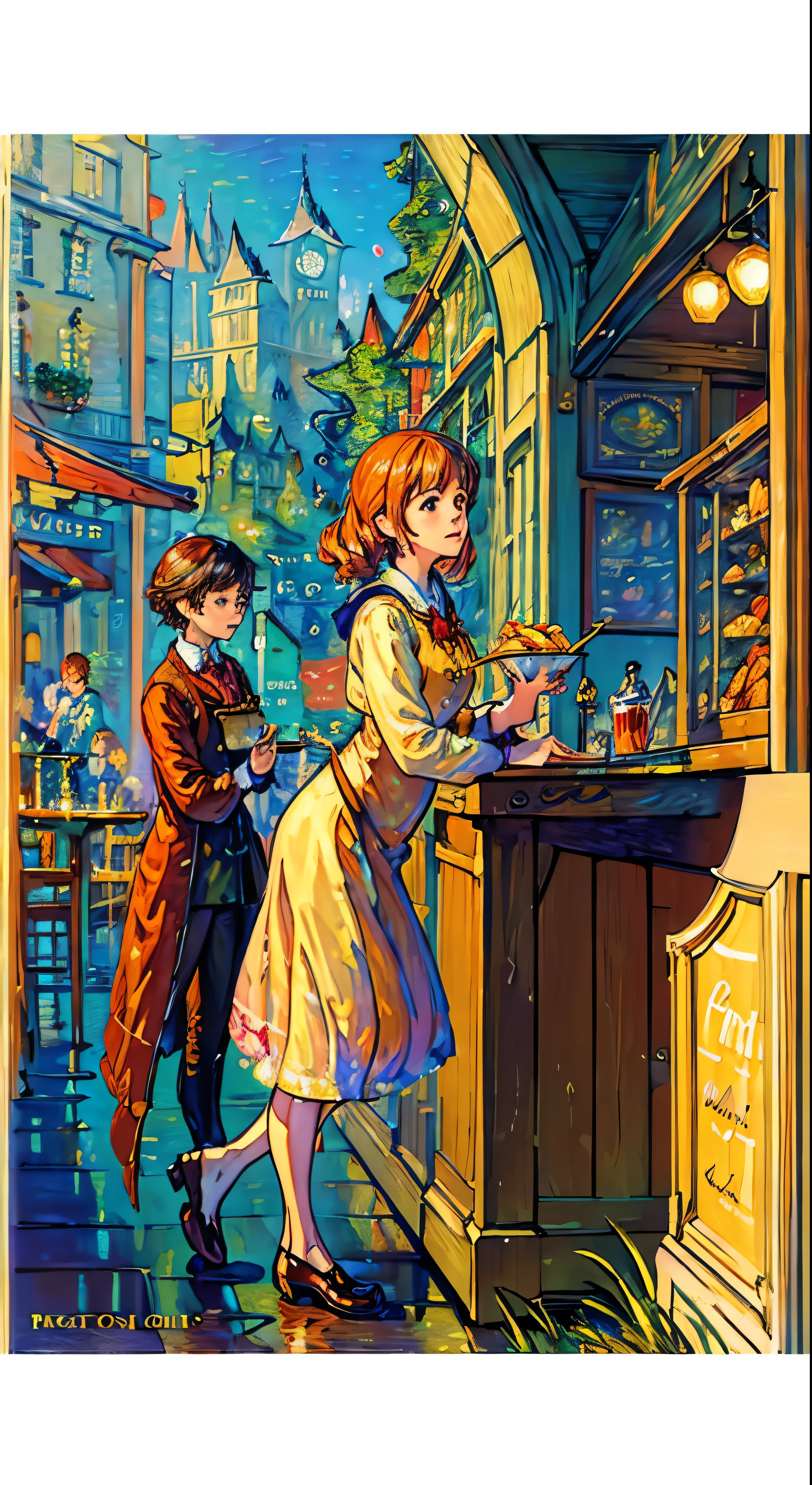 [(transparent background: 1.5)::5],(((masterpiece))),(((best quality))),(((extremely detailed))),illustration, mysterious,vivid color, shiny , (impressionism: 1.4), Pret A Manger, French Fries, Family Barrel, Fish and Chips, (snack bar), (food stand), london, harry potter, Harry Potter, wizarding world, eatery, cuisine, food service, typography, type design, magical style, mystical font, 