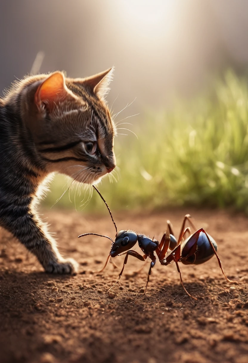 arafed a picture of an ant looking at a cat, picture taken from the ant point of view of the ant, hyperrealism style, vibrant, Ultra-high resolution, High Contrast, (masterpiece:1.5), highest quality, Best aesthetics), best details, best quality, highres, ultra wide angle, 16k, [ultra detailed], masterpiece, best quality, (extremely detailed) RAW