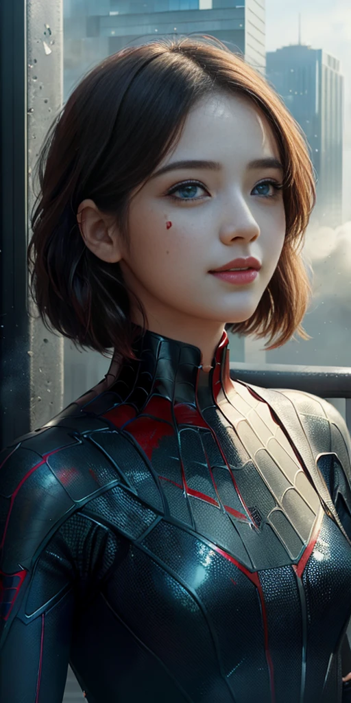 (1girl:1.3), Solo, (((Very detailed face)))), ((Very detailed eyes and face)))), Beautiful detail eyes, Body parts__, Official art, Unified 8k wallpaper, Super detailed, beautiful and beautiful, beautiful, masterpiece, best quality, original, masterpiece, super fine photo, best quality, super high resolution, realistic realism, sunlight, full body portrait, amazing beauty, dynamic pose, delicate face, vibrant eyes,smiling, (from the front), She wears Spider-Man suit, red and black color scheme, spider, very detailed city roof background, rooftop, overlooking the city, detailed face, detailed complex busy background, messy, gorgeous, milky white, highly detailed skin, realistic skin details, visible pores, clear focus, volumetric fog, 8k uhd, DSLR, high quality, film grain, fair skin, photo realism, lomography, futuristic dystopian megalopolis, translucent