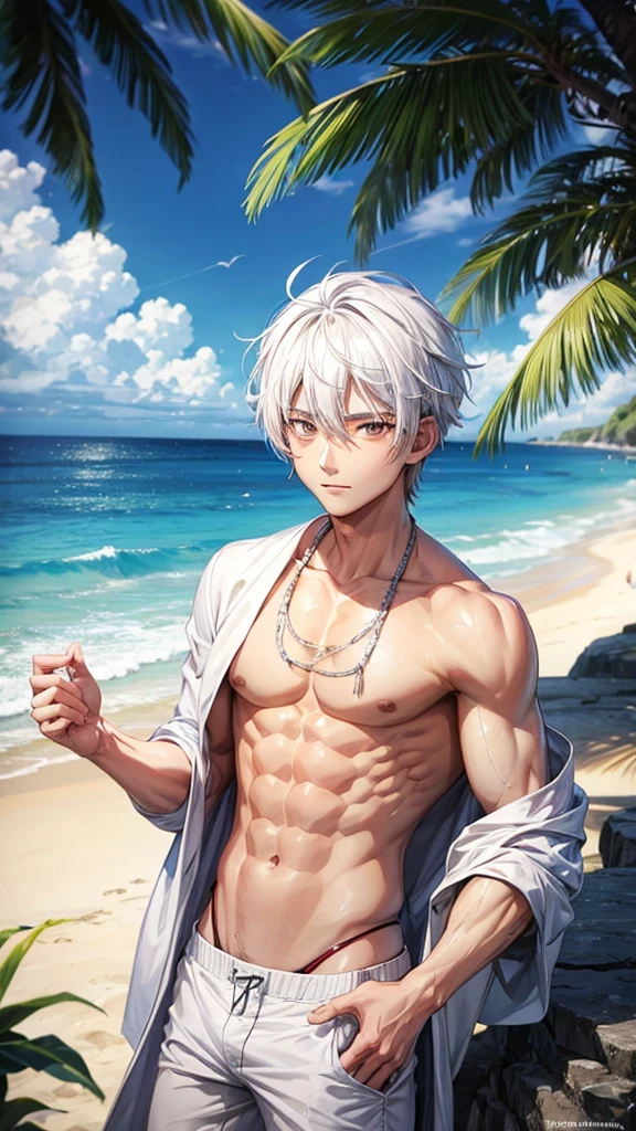 Anime guy with white hair shirtless on the beach 