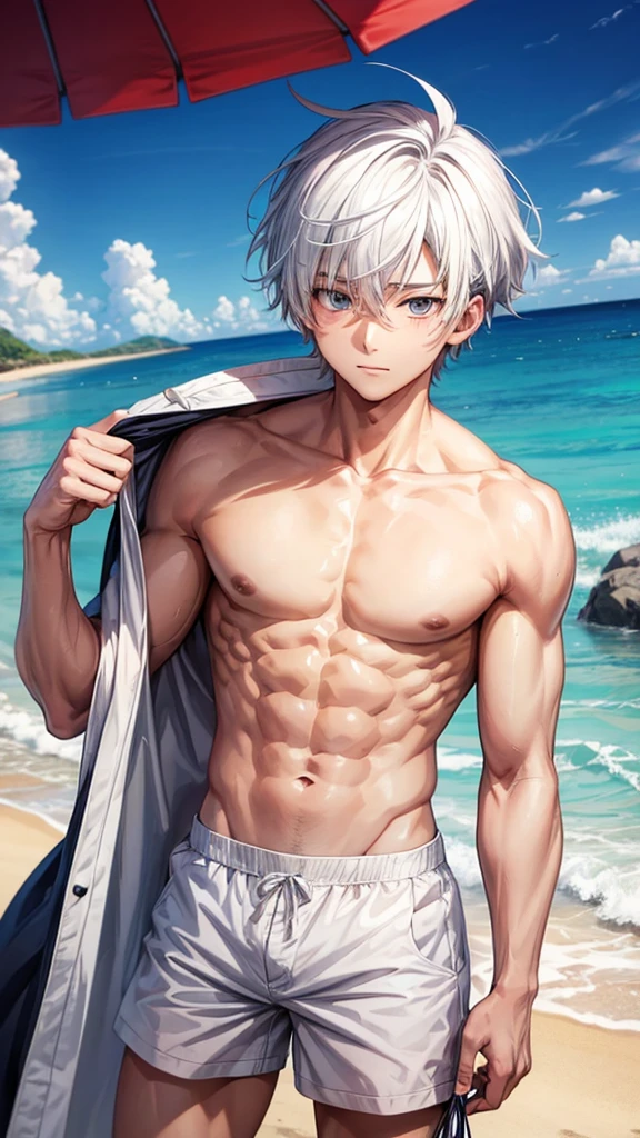 Anime guy with white hair shirtless on the beach 