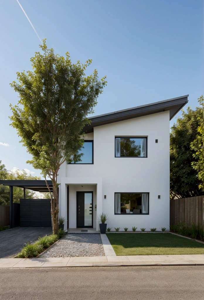 CRU photo,work of art, high qualiy, best qualityer, authentic, super detaill, plein-air, front-facing, single storey villaXL, aiai group, modern house style on the street, front house, visão front-facing, entry with, pavement, gram, Trees, sky, nube, (Day Light:1.1)