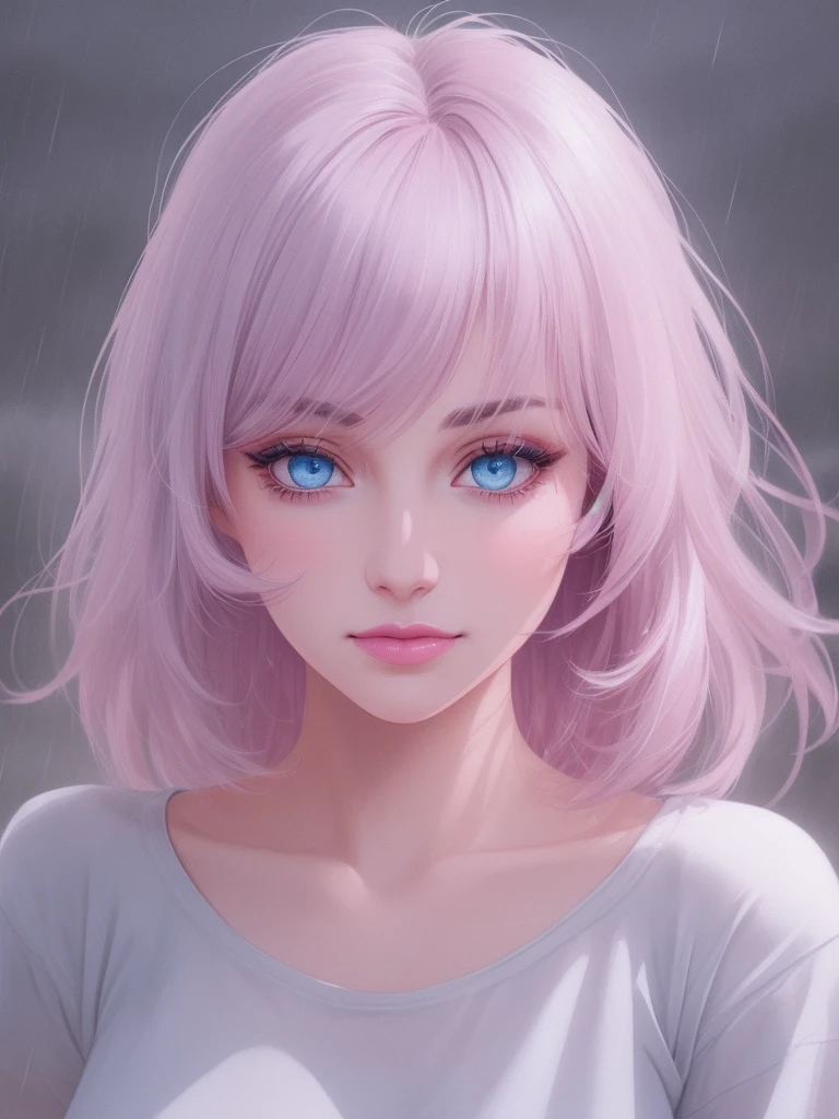rain, Beauty, High nose, Long eyelashes, 目にLight, Pink Lips, Closed Mouth, pastel colour, purple, Dull pink, Dull Blue, heart, Light,Fluttering Hair, Big eyes, Inner color hair, turn around,short hair, cute, 30 years old, perfume, Prada, glossy, charm, Real, summer, null, smile, 天気rain, Wolf Hair, Big white t-shirt, Gray Hair,One girl, solo, High resolution, blue eyes, Simple Background, Backlight,