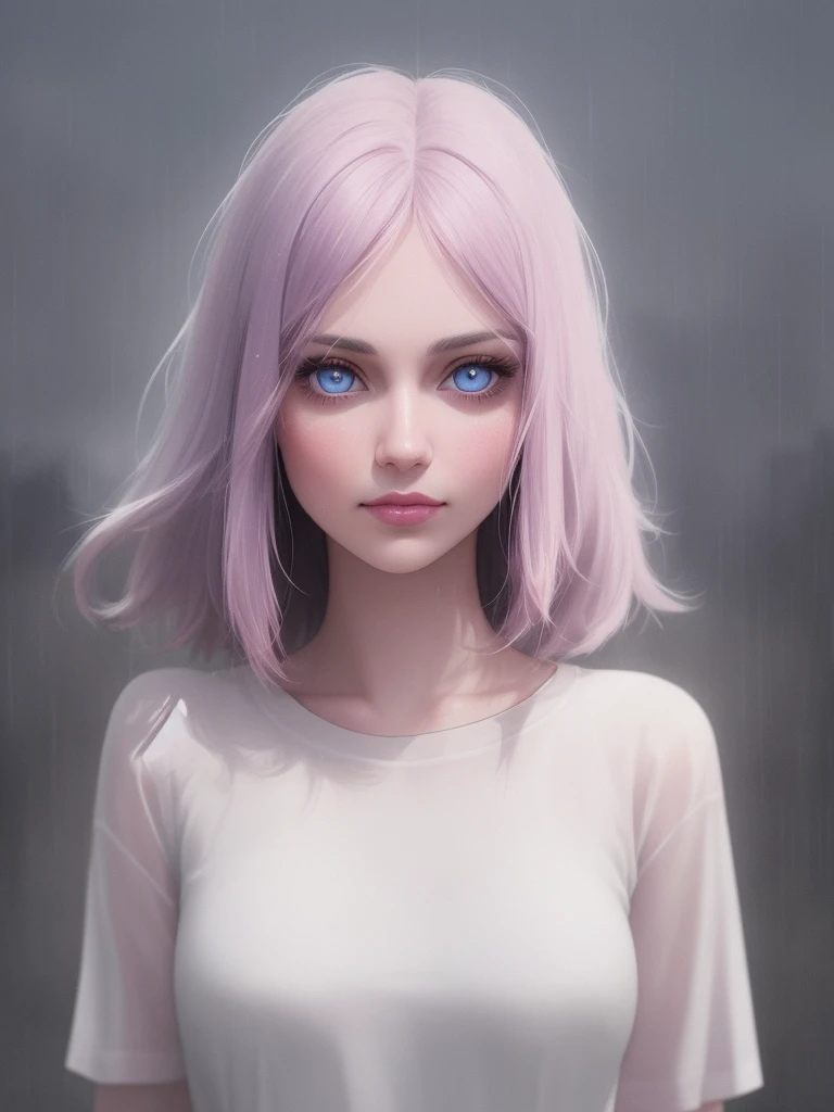 rain, Beauty, High nose, Long eyelashes, 目にLight, Pink Lips, Closed Mouth, pastel colour, purple, Dull pink, Dull Blue, heart, Light,Fluttering Hair, Big eyes, Inner color hair, turn around,short hair, cute, 30 years old, perfume, Prada, glossy, charm, Real, summer, null, smile, 天気rain, Wolf Hair, Big white t-shirt, Gray Hair,One girl, solo, High resolution, blue eyes, Simple Background, Backlight,