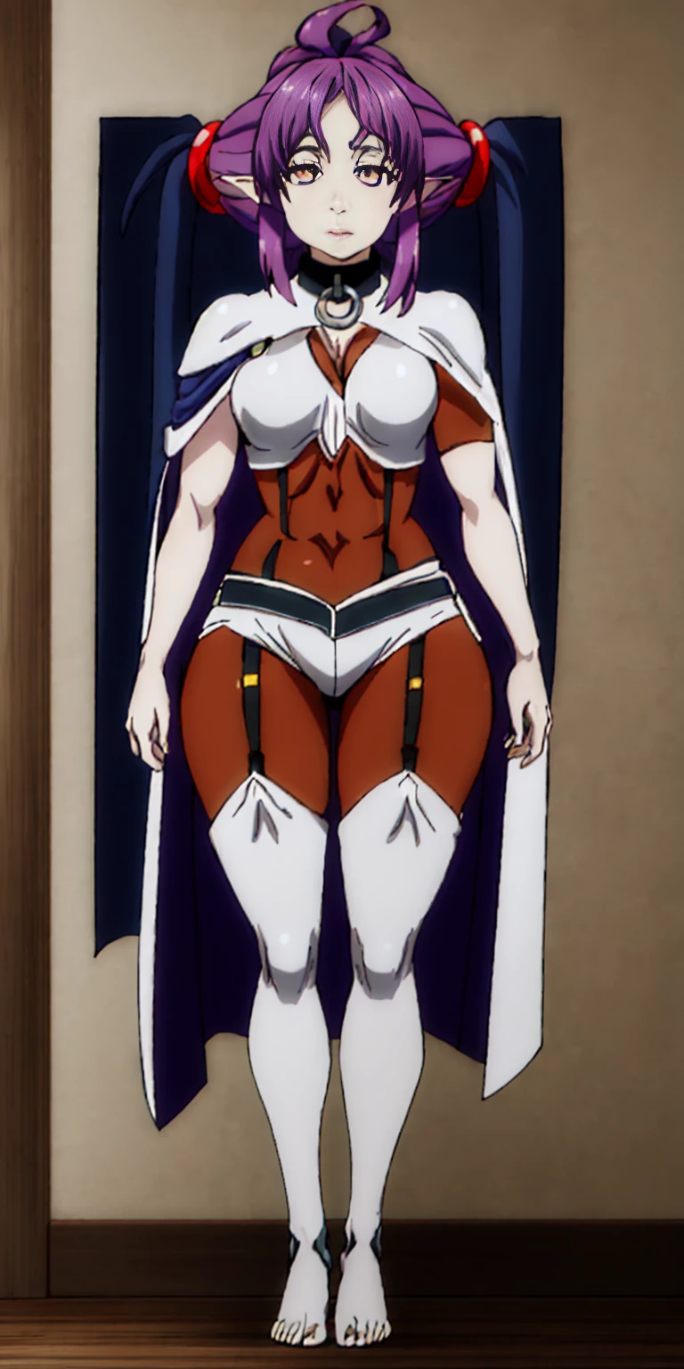 extremely long hair, ponytail, perfect anatomy 1 girl tall solo, slim thick ((muscular)) high elf full body toe to head toned body, silver breast plate, blue cape, slendered abs, hourglass waist, detailed face, defined cheekbones, puffy lips, gauntlets, gold crown, shadow over eyes, looking at viewer, masterpiece, white thigh highs lingerie, high heels