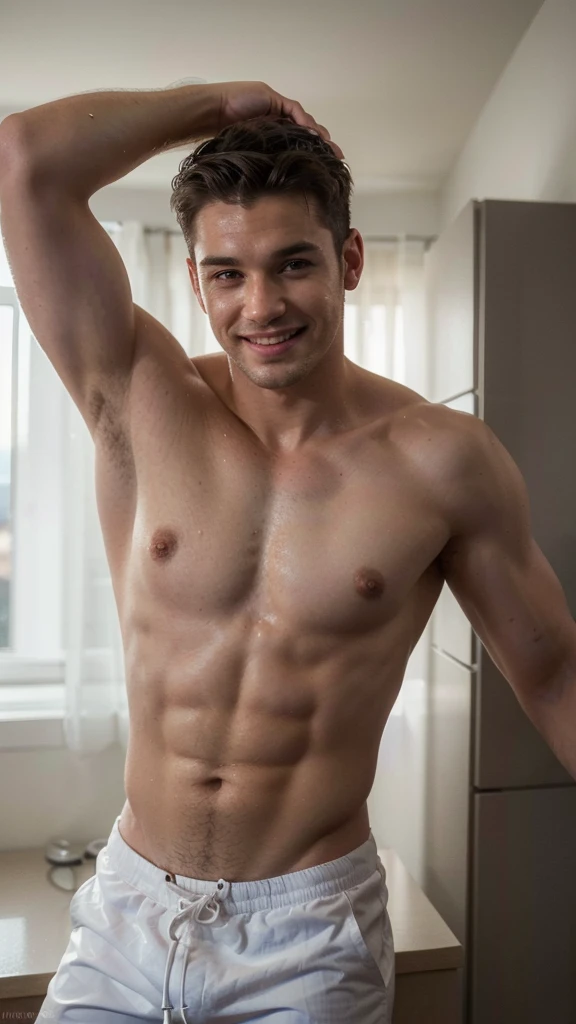 a man, posing in the apartment, wearing white swimming trunks, smile, light photography, handsome man, extremely detailed face, smile, detailed eyes, detailed lips, cinematic composition, light color palette, high contrast, photorealistic, (best quality,4k,8k,highres,masterpiece:1.2),ultra-detailed,(realistic,photorealistic,photo-realistic:1.37)