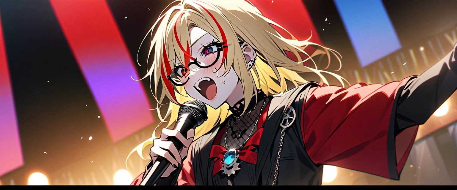 (((masterpiece,Highest quality))),(((スチームパンク風でVisual Keiの黒を基調とした衣装の短い髪のアニメの中性的な男性))),((Androgynous but male)),(((Visual Kei))),(((red and blonde streaked hair))),highlights hair,((Wears stylish, thick-framed glasses)),((Blue and red heterochromia)),((Clock and gear motif necklace,A brooch with a clock and gear motif)),(((Singing passionately on a live stage,Singing while sweating,Holding a microphone))),Focus on the upper body,(high quality),アニメ