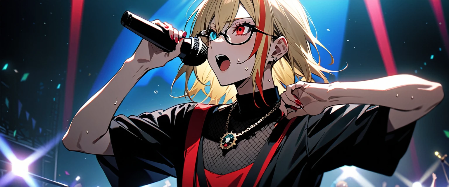 (((masterpiece,Highest quality))),(((スチームパンク風でVisual Keiの黒を基調とした衣装の短い髪のアニメの中性的な男性))),((Androgynous but male)),(((Visual Kei))),(((red and blonde streaked hair))),highlights hair,((Wears stylish, thick-framed glasses)),((Blue and red heterochromia)),((Clock and gear motif necklace,A brooch with a clock and gear motif)),(((Singing passionately on a live stage,Singing while sweating,Holding a microphone))),Focus on the upper body,(high quality),アニメ