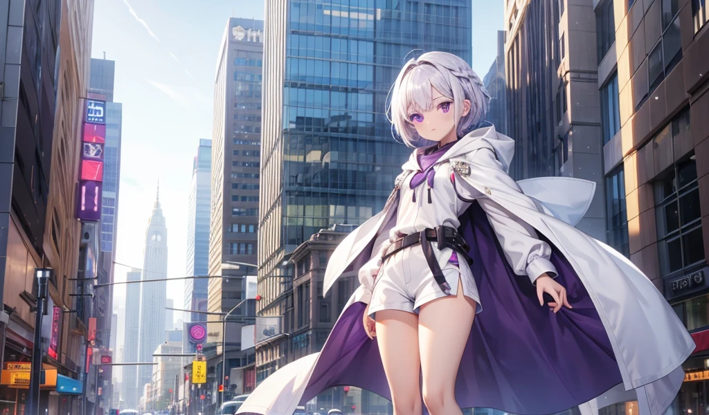 Girl with white short hair and double braids,Purple Eyes,hood,White robe,small shorts,Bare Legs,Standing,City