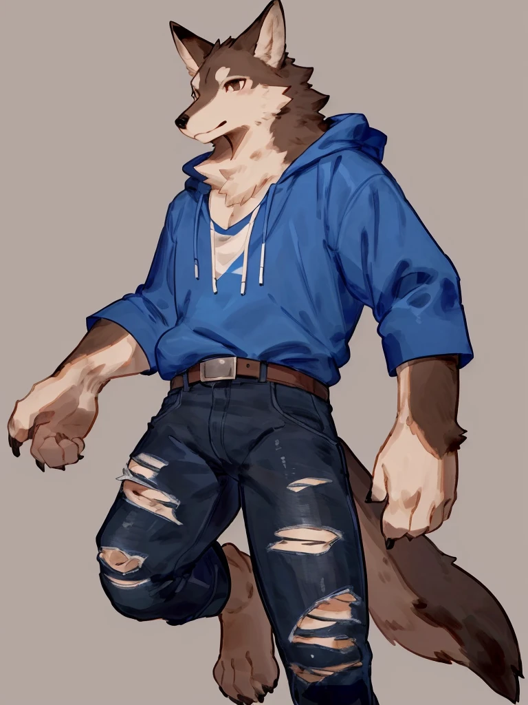 ((Best quality, masterpiece, detailed anatomy, detailed eyes, detailed hands, perfect lighting, perfect shading)), by Buta99, by Bebebebebe, 1male, Wolf, brown furs, tight body, dark brown eyes, skinny chub body, young body, large sleeves blue tshirt, ripped jeans pants, black boots, at the white background