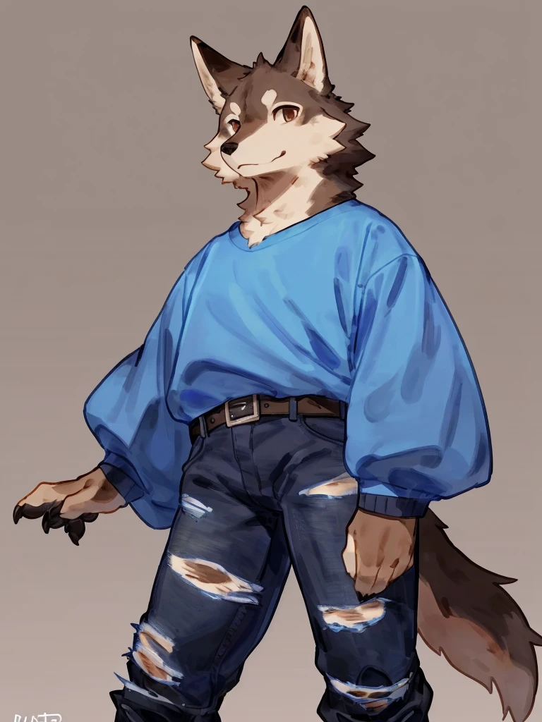 ((Best quality, masterpiece, detailed anatomy, detailed eyes, detailed hands, perfect lighting, perfect shading)), by Buta99, by Bebebebebe, 1male, Wolf, brown furs, tight body, dark brown eyes, skinny chub body, young body, large sleeves blue tshirt, ripped jeans pants, black boots, at the white background