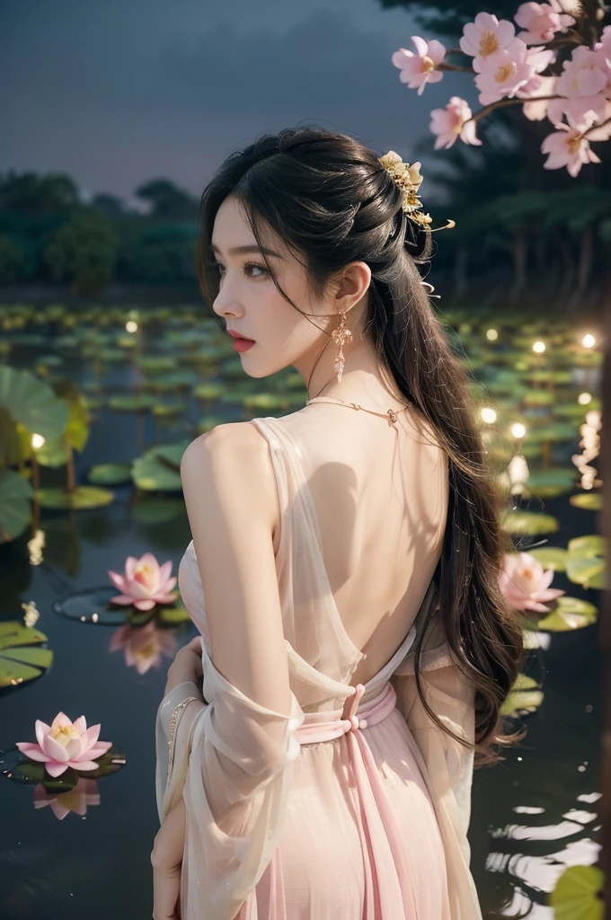 (((best quality))),(((ultra detailed))),(((masterpiece))),illustration,((1 beautiful young girl,solo)),((slim,thin)),(shoulder length straight hair:1.2),((earrings,necklace)),((bare back,towering hips,butt crack)),(see through traditional pink sheer Hanfu dress:1.3),(beside the lotus pond full of lotus flowers:1.3), serene moonlight, ethereal,floral pattern, water movement, billowing fabric, tranquil, moon reflection, petals, fireflies, magical, light,warm light, dreams, invitation, standing, gazing, reflection, inner thoughts, emotional, sweet scent, natural beauty, solitude, hypnotic lull, eternal summer, (night scene:1.3), natural world, human spirit, celebration, backdrop, water, glow,((from back)),(close-up of upper body:1.3)