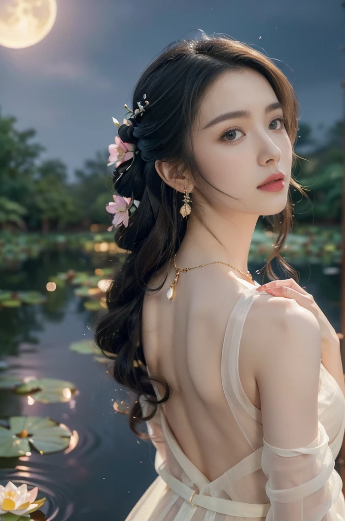 (((best quality))),(((ultra detailed))),(((masterpiece))),illustration,((1 beautiful young girl,solo)),((slim,thin)),(shoulder length straight hair:1.2),((earrings,necklace)),((bare back,towering hips,butt crack)),(see through traditional pink sheer Hanfu dress:1.3),(beside the lotus pond full of lotus flowers:1.3), serene moonlight, ethereal,floral pattern, water movement, billowing fabric, tranquil, moon reflection, petals, fireflies, magical, light,warm light, dreams, invitation, standing, gazing, reflection, inner thoughts, emotional, sweet scent, natural beauty, solitude, hypnotic lull, eternal summer, (night scene:1.3), natural world, human spirit, celebration, backdrop, water, glow,((from back)),(close-up of upper body:1.3)