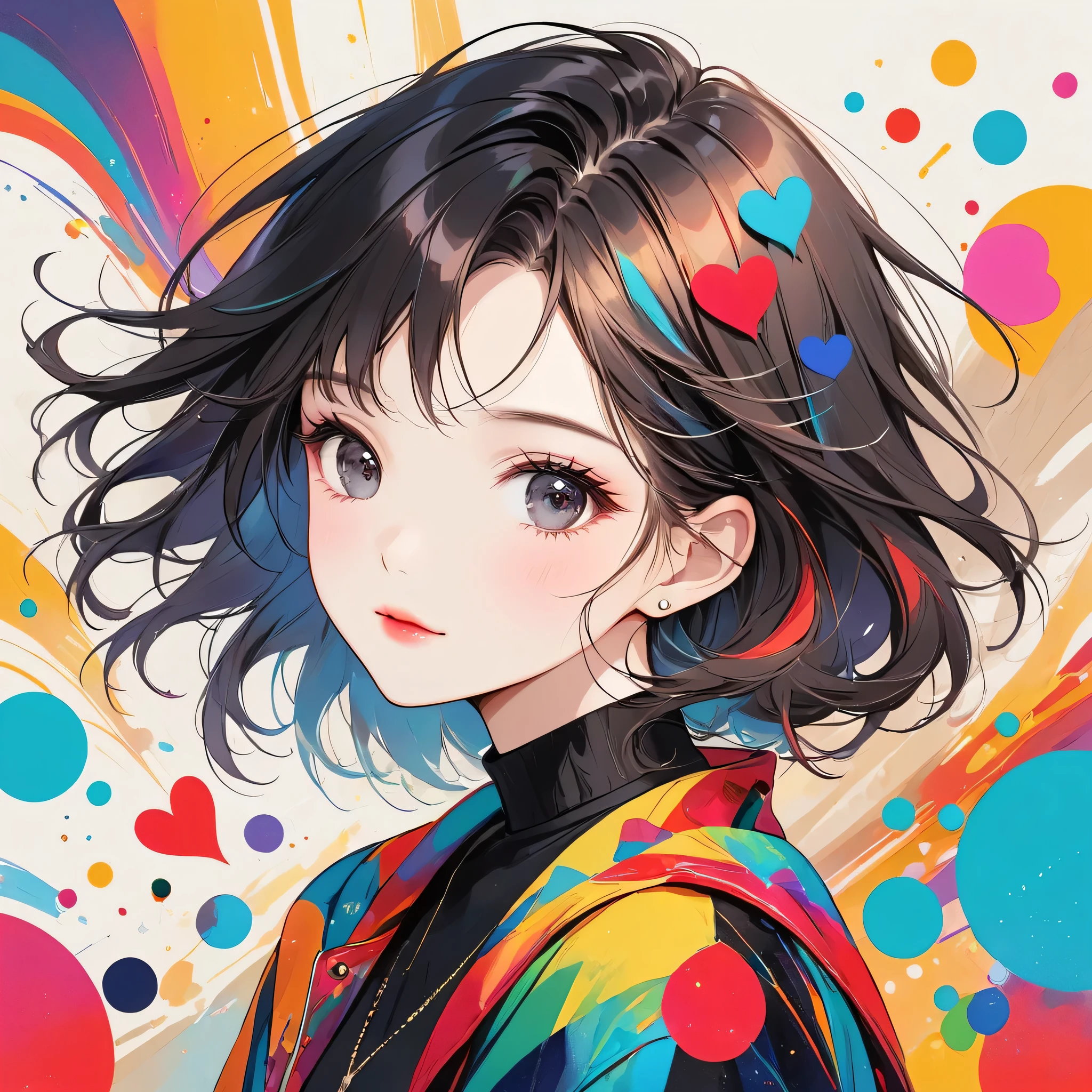 Black Star Red and White colorful style, Simple Line Initialism,Abstract art,Urban Background, (((The most beautiful girl of all time))), black eyes, Sweet face. Lips in love, colorful hearts, stylish design