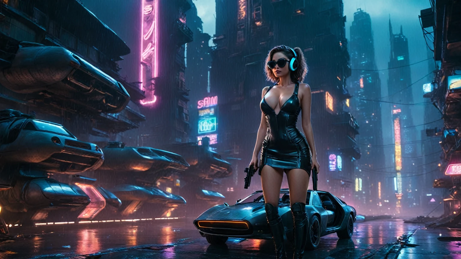 (aerial view, a flying cars docking platform, a very dark abandoned futuristic city, neon lights), rainy night. 1girl, solo, alone, large-breast:1.2 slim body, cleavage:1.1, sexy wind blowing wet dress:1.4, (headphone, black sunglasses), (((((she raised:1.8 a rifle:1.8 and took aim at viewer))))), dynamic pose, (((half-body thigh level medium shot))), cinematic lighting, lens flare, ray tracing.