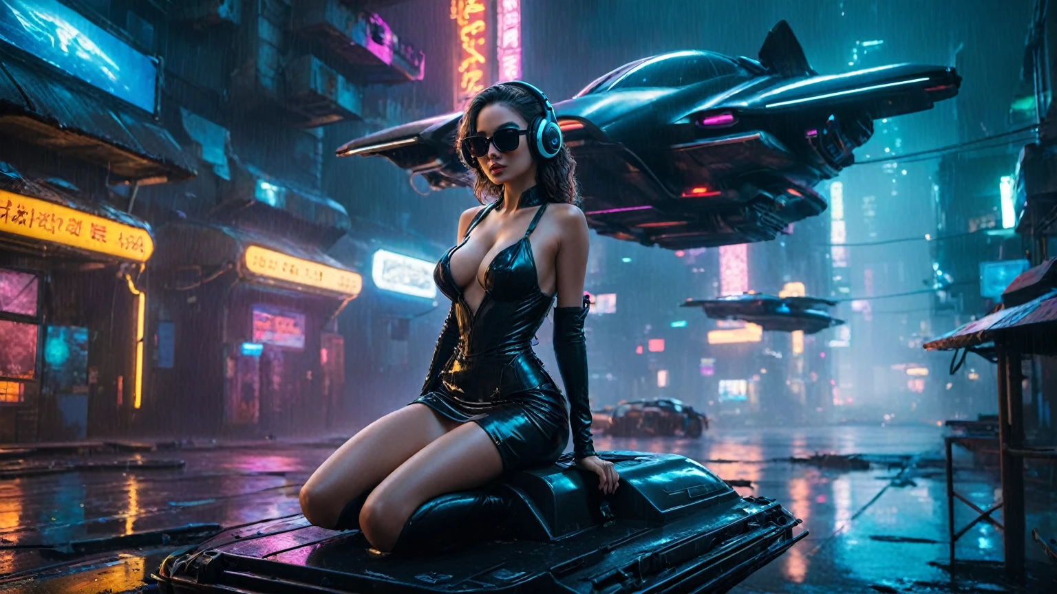 (aerial view, a flying cars docking platform, a very dark abandoned futuristic city, neon lights), rainy night. 1girl, solo, alone, large-breast:1.2 slim body, cleavage:1.1, sexy wind blowing wet dress:1.4, (headphone, black sunglasses), (((((she raised:1.8 a rifle:1.8 and took aim at viewer))))), dynamic pose, (((half-body thigh level medium shot))), cinematic lighting, lens flare, ray tracing.