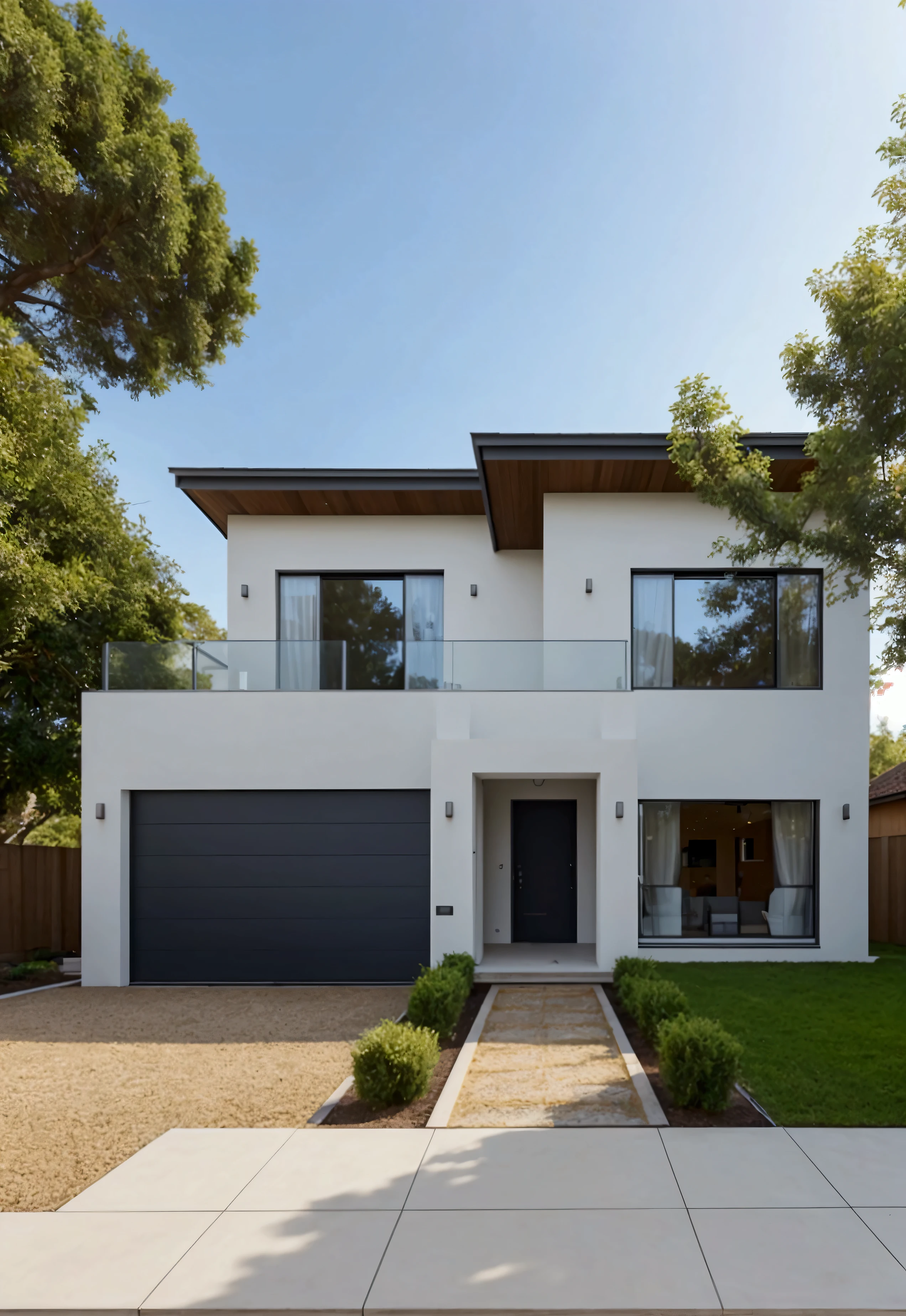 CRU photo,work of art, high qualiy, best qualityer, authentic, super detaill, plein-air, front-facing, single storey villaXL, aiai group, modern house style on the street, front house, visão front-facing, entry with, pavement, gram, Trees, sky, nube, (Day Light:1.1)