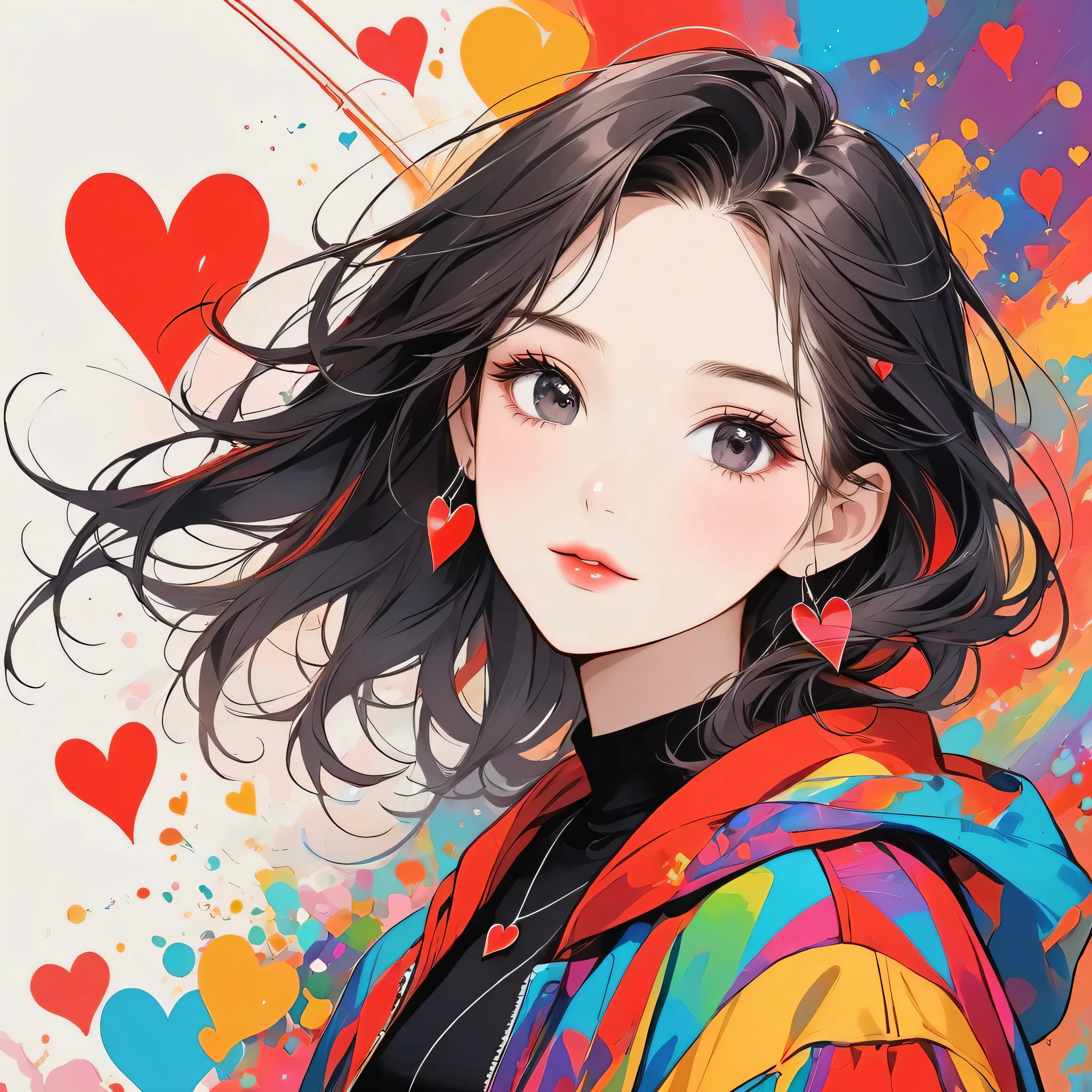 Black Star Red and White colorful style, Simple Line Initialism,Abstract art,Urban Background, (((The most beautiful girl of all time))), black eyes, Sweet face. Lips in love, colorful hearts, stylish design
