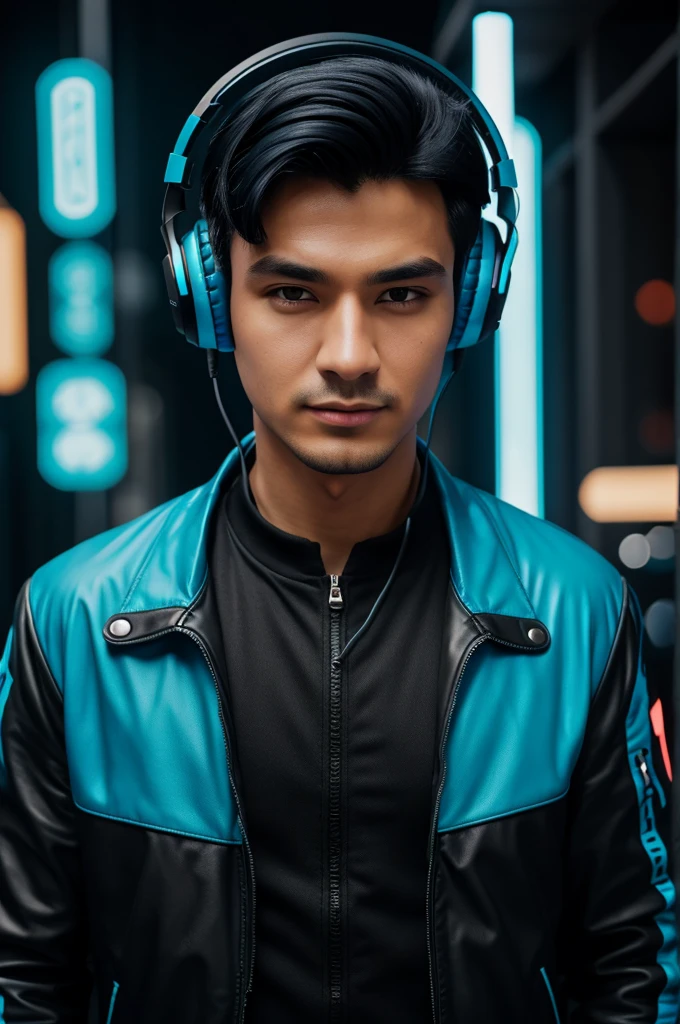 ( 4k and HD )deluxe\) \(blue lane\),(Chico) black hair , earrings, wireless headphones, portrait, black jacket with neon blue style, gamer style outfit 
