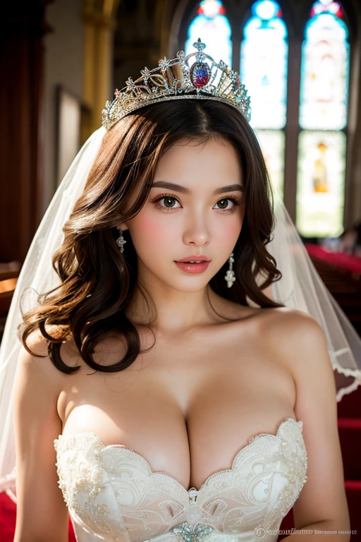 ((Highest quality)), ((masterpiece)), (detailed), Five Girls, sexy,tiara,Wedding dress,Large Breasts,Glowing Skin,church