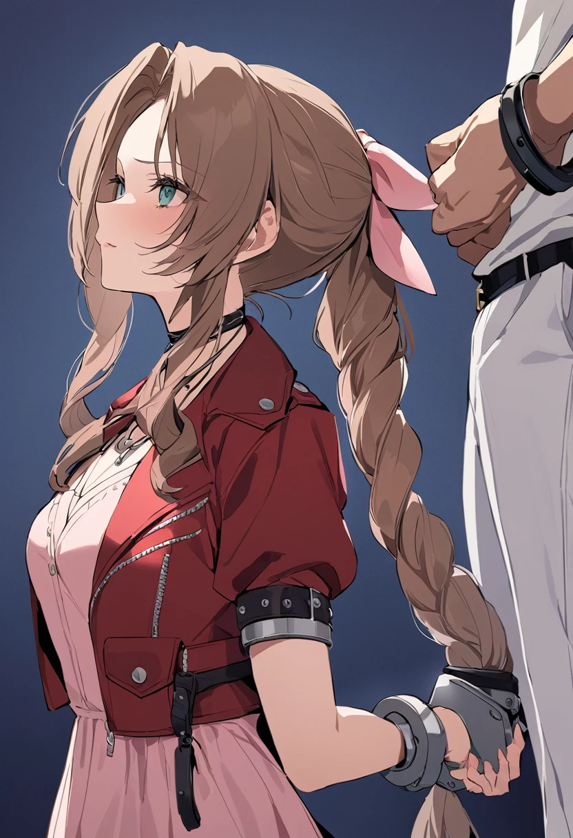 masterpiece, best quality, 1girl, anime style, pastel colors defaerith, braided ponytail, pink hair bow, choker, necklace, cropped jacket, red jacket, short sleeves, pink dress,extremely detailed,high definition restrained,police,arrest,restrained,shackles,(((handcuffs, cuffs, upper body, handcuff, bound wrists))),masterpiece, best quality,aerith gainsborough handcuffs behind her back,2 policewoman.behind her bsck position.escort in handcuffed.handcuffed behind back.aerith handcuffed,aerith handcuffed behind her back.arrested.policewonan.handcuffs behind back