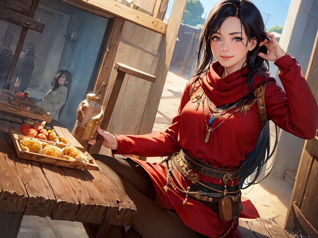 (masterpiece、Highest quality:1.2),Frame In、 Cowboy Shot, woman1people、View your viewers, (Highest quality, 8k, Oil, Tabletop:1.2), Very detailed, (Realistic, Realistic:1.37), Wearing a red coat、White scarf、Bob Hair、Black Hair、smile、it's snowing、City of night、shopping、