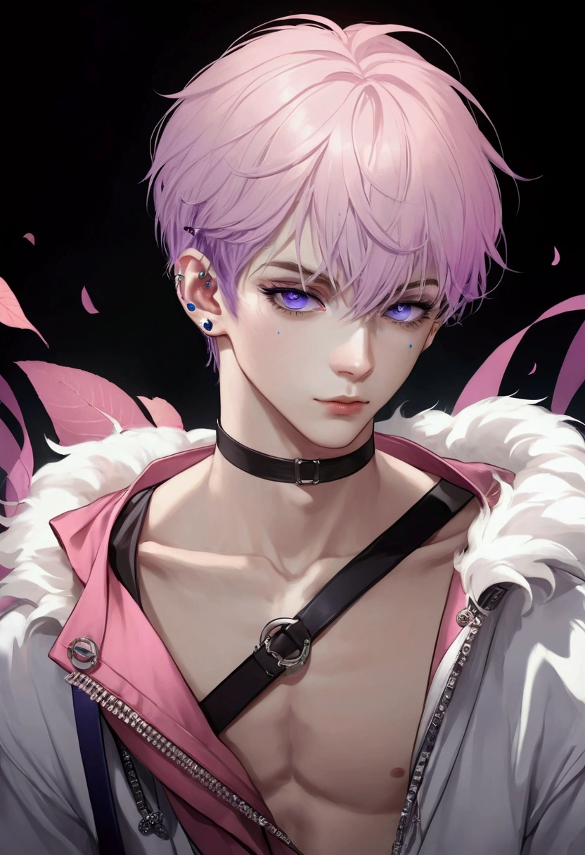 1boy, , with long purple bangs and dark blue eyes,,、Lots of piercings、Soft eyes