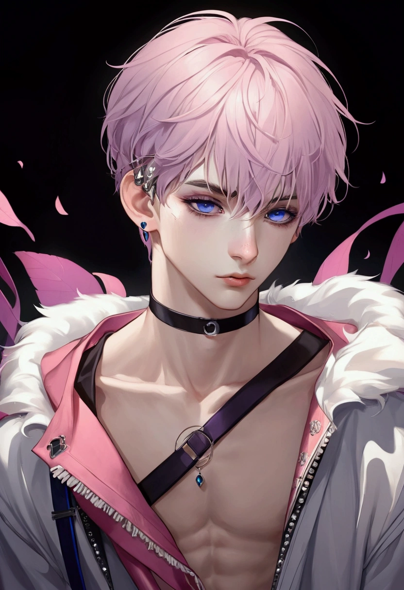 1boy, , with long purple bangs and dark blue eyes,,、Lots of piercings、Soft eyes