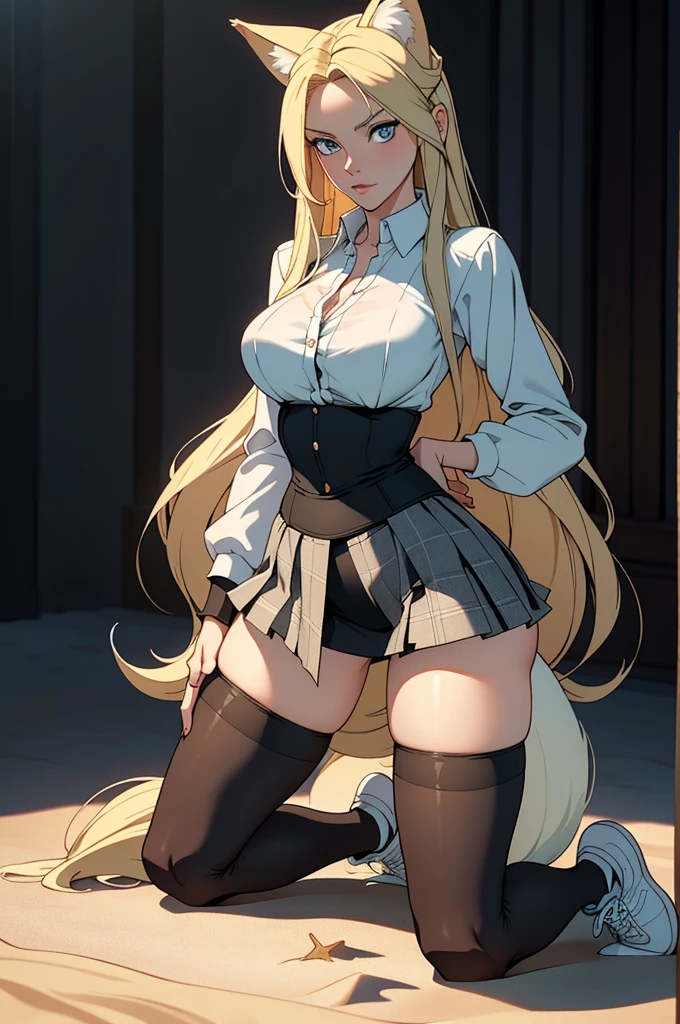 Anime girl, 1 anime girl, long blonde hair, golden eyes, glowing eyes, nun habit, black corset, short skirt, black lace stockings, blush, cat ears, cat tail, dawn, castle church, sunlight, white skin, beautiful, happy pose, parted lips, sad smile, embarrassed, blushing, large stained glass window