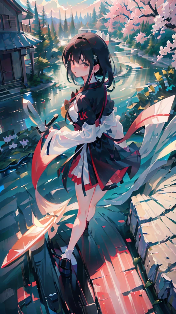 (((8k))), (((High resolution))),((Highest quality)),Beauty,Ninja,Serious face,knife,knifeを右手に握っている,Shrine garden,SakuraFubuki,Ultra-realistic,8k,Ultra-fine,Super detailed,Sparkling,A red aura emerges from the body