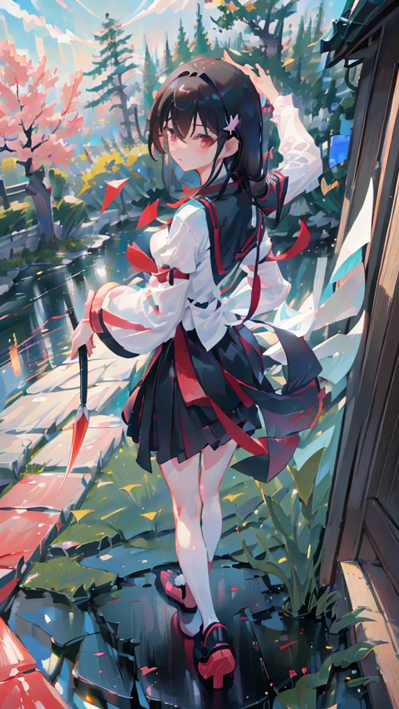 (((8k))), (((High resolution))),((Highest quality)),Beauty,Ninja,Serious face,knife,knifeを右手に握っている,Shrine garden,SakuraFubuki,Ultra-realistic,8k,Ultra-fine,Super detailed,Sparkling,A red aura emerges from the body
