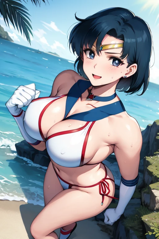 masterpiece, best quality, beautiful art, high resolution, well formed hands, body and fingers, 1 woman, solo, Sailor Mercury, sailor collar, elbow gloves, earrings, blue makeup, sailor senshi uniform, full body picture, grown up, adult, large and rounded breasted, cleavage, hair ornament, wearing a Tyris Flare outfit ,  white_bikini, full body, sexy and skimpy  bikini, gorgeous  hips, legs and thighs bouncing breasts,fighting in a combat match, showing her fighting skills, making her guard, about to hit the viewer, looking at the viewer,   sweating, bouncing breasts, smiling joyfully and brightly, being confident and proud, action and fighting scene, fighting cage on beach environment.                     