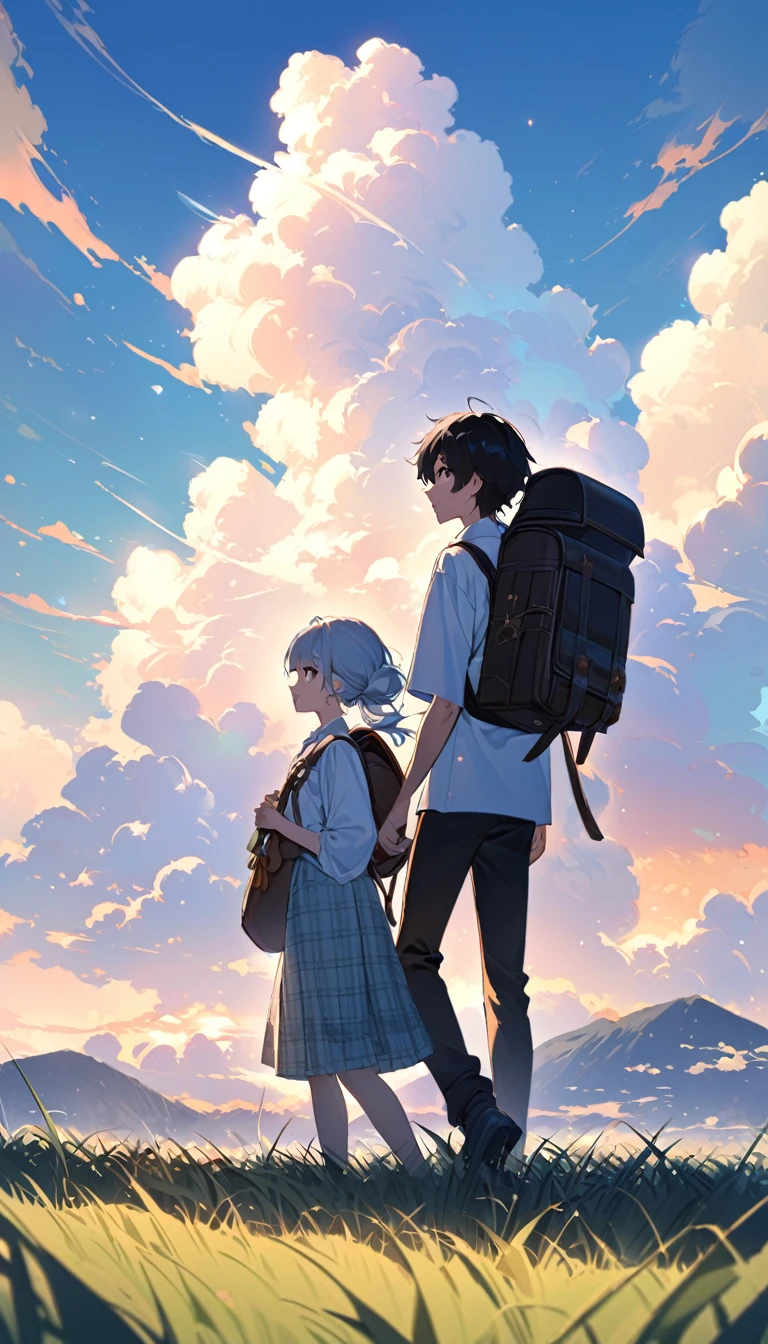 Under the blue sky and white clouds、Two young people in silhouette standing side by side。They are illuminated by the soft light of the evening、The clouds in the background create a pleasant scene.。The sky is clear、A few clouds floated、A band of white clouds can be seen on the horizon。They both wear uniforms.、Boys in shirts and pants、The girl is wearing a blouse and a plaid skirt。The girl is carrying a backpack on her back。There is low grass and some small plants on the ground.。Paintings inspired by Makoto Shinkai, Beautiful anime scenery、Ultra-realistic, Anime movie background, Pixiv Topics、Her hair is fluttering in the wind、The view is the main focus、The sky is clear blue、Place々White clouds are floating in the sky。
The soft evening light casts the two of them in silhouette.。
The boy is wearing a white shirt and black pants。
The girl is wearing a white blouse and a plaid skirt.、He is carrying a black backpack on his back。
The ground is dotted with low grass and small plants.。
The two of them stand side by side、Gazing into the distance