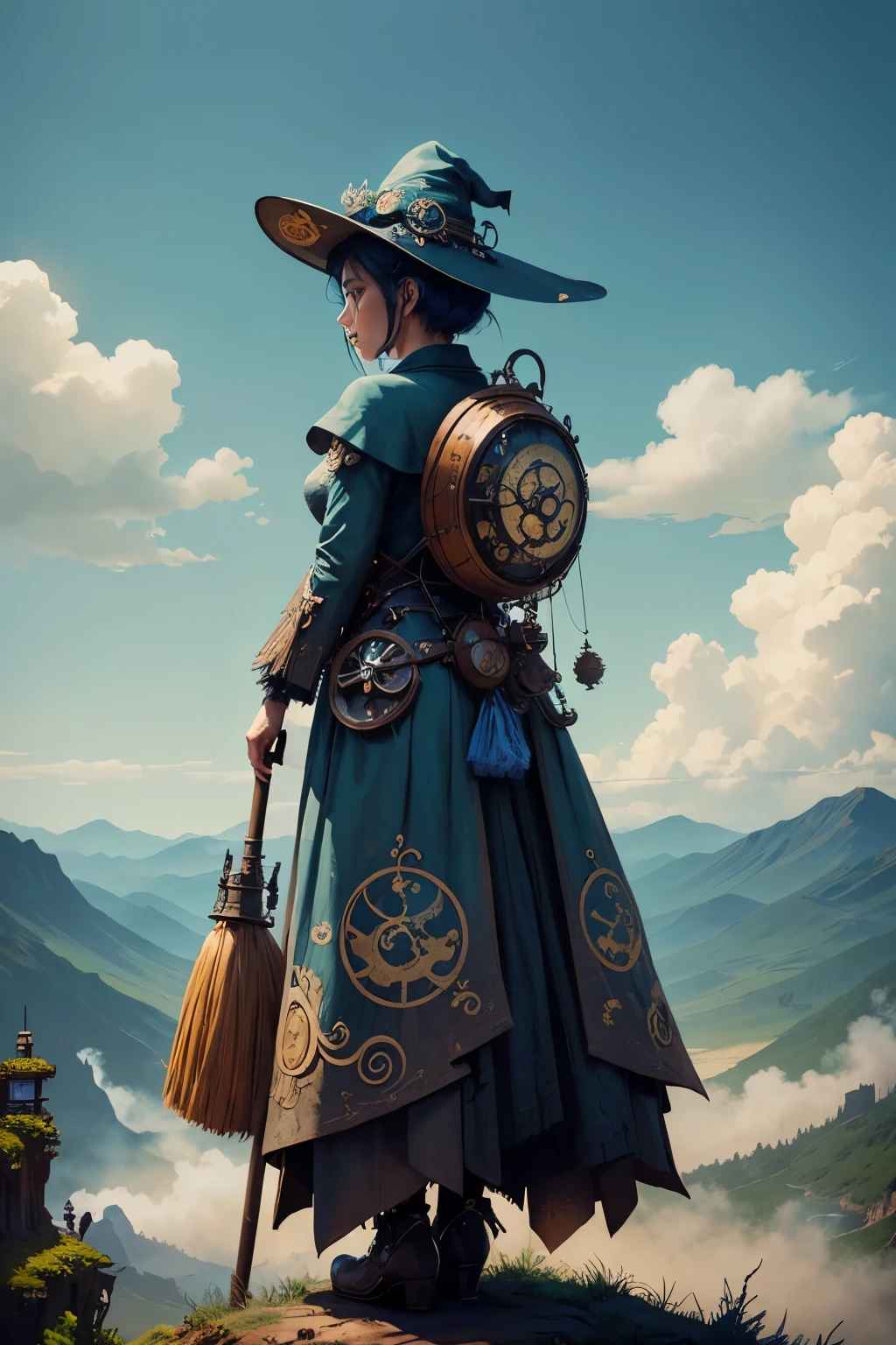 (Highest quality:1.2)。steampunkai。A beautiful witch traveling through the wilderness with a broom on her shoulder。Back view。The background is blue sky and white clouds。