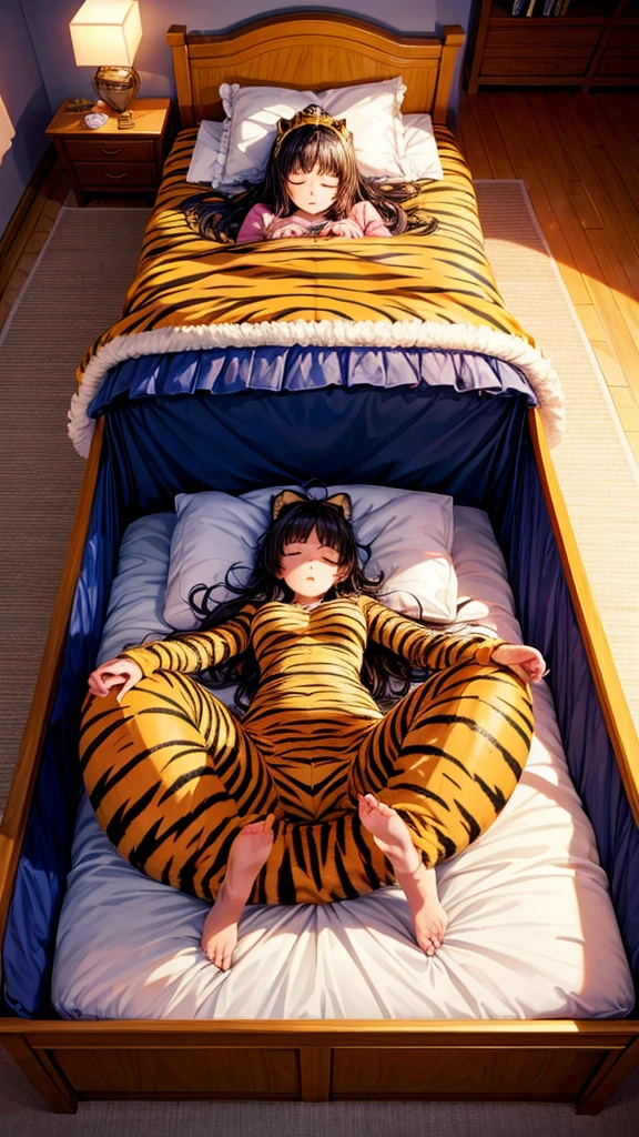 A woman in a tiger costume is sleeping in a princess-like bed with a futon over her head.