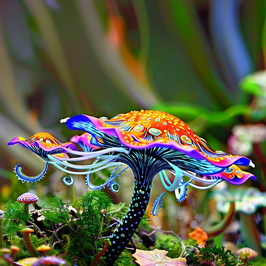 there is a very strange looking plant with a very long stem, alien flora, alien flora and fauna, colorful alien flora, fungus and plants, alien plant, simulacrum of a space fungus, fractal fungus, intricate alien botanicals, fantasy magical vegetation, alien plants, ( ( fantasy plants ) ), alien plant from alpha centauri, an alien mushroom with tentacles