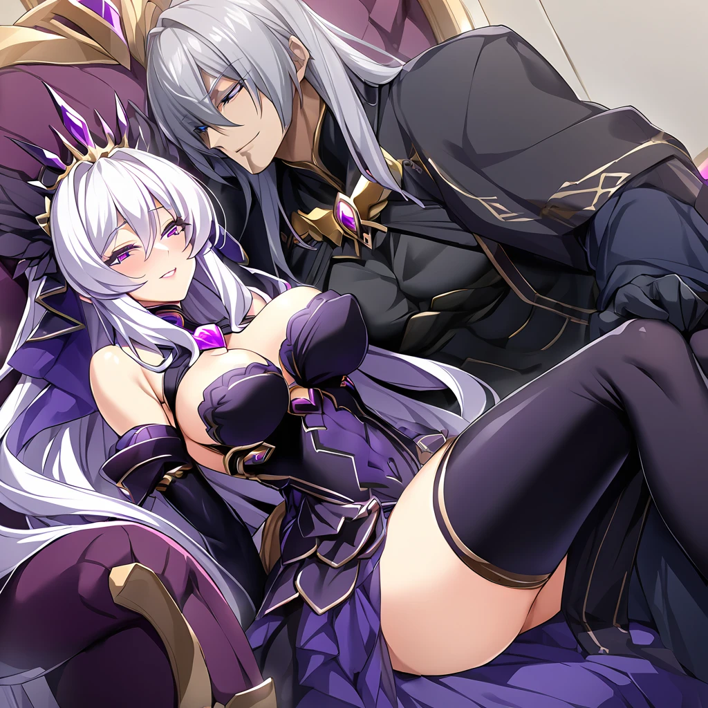 ((Highest quality)), ((masterpiece)), (detailed), (Perfect Face)、The woman is the evil queen, Dark Extia, an evil transforming heroine with medium-long silver hair, wearing a gorgeous evil queen dress with gold embroidery and trim, gorgeous accessories, and an engagement ring. With a truly happy expression on her face, she embraces the man she loves, snuggles up to him, happily accepting his caresses, kissing him, and having sex with him.、The man is the evil king, Naioro, a handsome man with medium-long silver hair, wearing a black bodysuit, and doting on the woman, embracing her, fondling her breasts, having sex, and making love.、A man and a woman are sitting close together on a luxurious throne, making love.、A man and a woman are a deeply loving couple