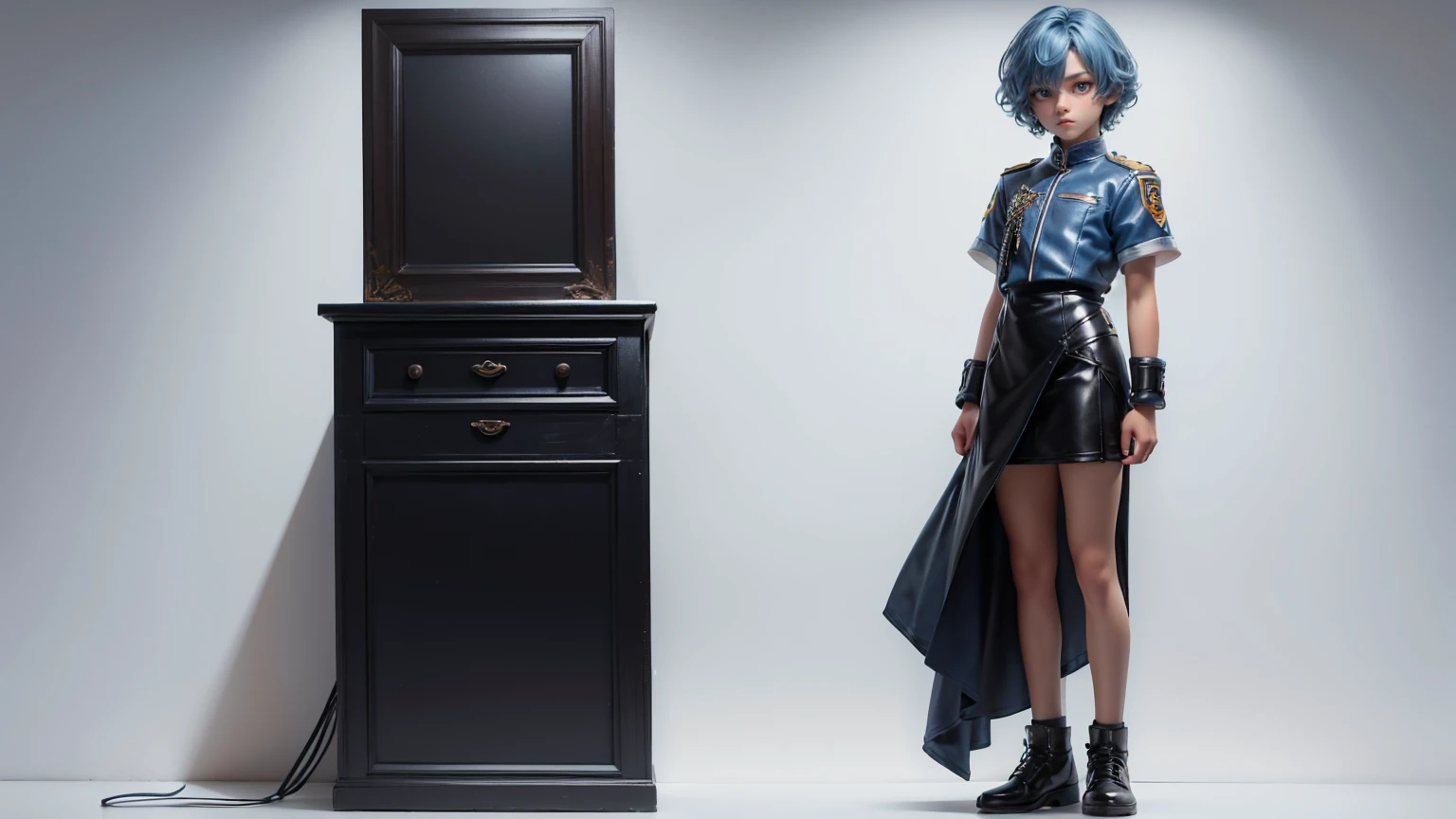 full body straight standing pose boy, 14yo student, Front Full body, curly blue hair, blue hair, wearing leather white  style dress, white background, simple white background  
