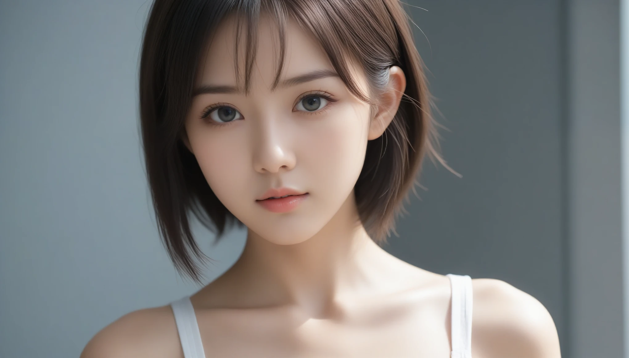 8k, Ultra-high resolution, Highest quality, masterpiece, 三分割法によるphotograph,Surreal, photograph, 1 Girl, (16 years old:1.3), pretty girl, Cute Face, Beautiful eyes in every detail, 細かくdetailedに,masterpiece,One Girl:1.2, Japan Female Announcer,extream close up,glaring,Black Hair,Messy hair,Hair over one eye,Station platform,風景photograph,Clean and modest clothing,Natural Makeup,Realistic Skin, Perfect and beautiful face ,完璧でCute Face, Skin with attention to detail, Perfect limbs、Narrow waist、Thin legs),Looking at the audience、beauty,Long neck、(((Ideal body type))),A cup small breasts :2,Portraiture:2,Perfect Anatomy,鮮明なdetailed,detailed,Surreal,Light and shadow,dappled sunlight