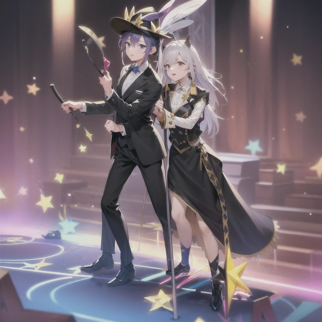 Magic Show、suit、Walking stick、hat、One Girl、Highest quality、Stage background、There is a large audience、Spotlight、Spot the trick