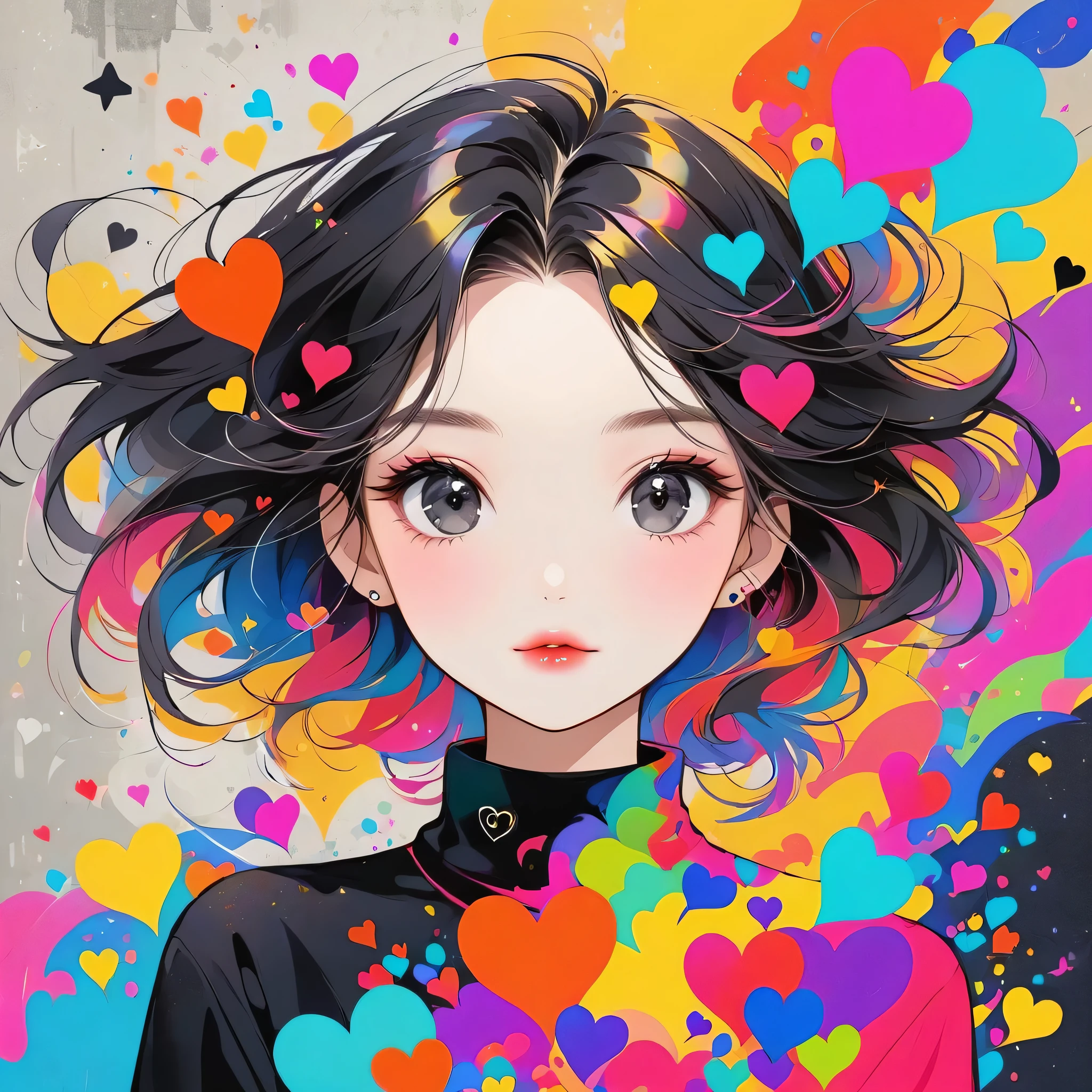 Black Star colorful style, Simple Line Initialism，Abstract art，Urban Background, (((The most beautiful girl of all time))), black eyes, Sweet face. Lips in love, colorful hearts, stylish design