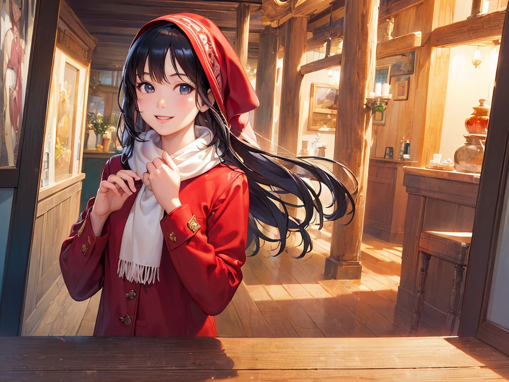 (masterpiece、Highest quality:1.2),Frame In、 Cowboy Shot, woman１people、View your viewers, (Highest quality, 8k, Oil, Tabletop:1.2), Very detailed, (Realistic, Realistic:1.37), Wearing a red coat、White scarf、Bob Hair、Black Hair、smile、it&#39;s snowing、City of night、shopping、It&#39;s night