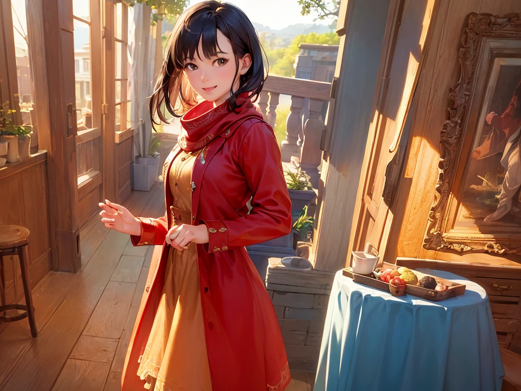 (masterpiece、Highest quality:1.2),Frame In、 Cowboy Shot, woman1people、View your viewers, (Highest quality, 8k, Oil, Tabletop:1.2), Very detailed, (Realistic, Realistic:1.37), Wearing a red coat、White scarf、Bob Hair、Black Hair、smile、it's snowing、City of night、shopping、It's night