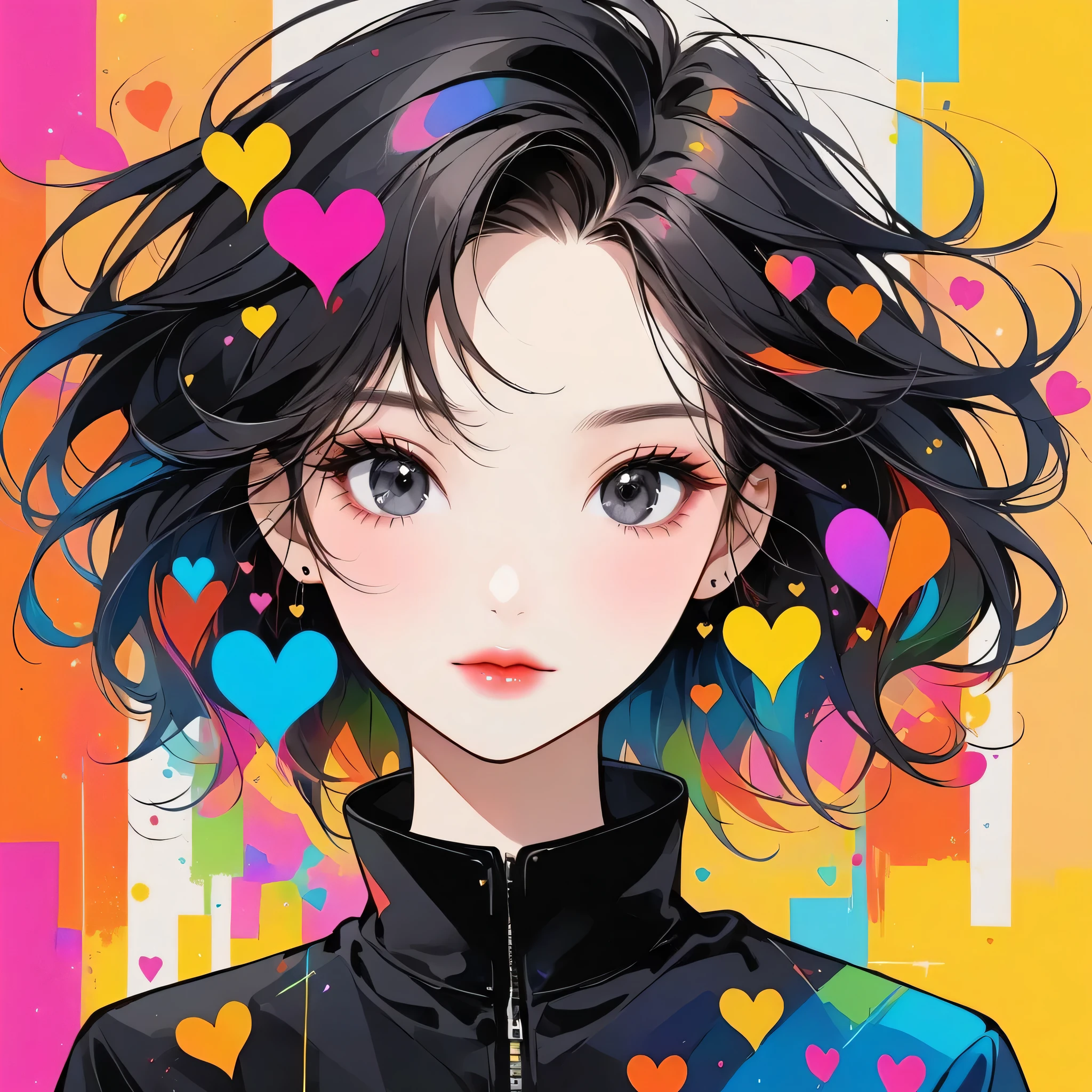 Black Star colorful style, Simple Line Initialism，Abstract art，Urban Background, (((The most beautiful girl of all time))), black eyes, Sweet face. Lips in love, colorful hearts, stylish design
