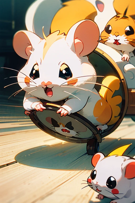 Macro shot of a female (((white hamster))), running around in her little wheel with enthusiasm, her bright black eyes full of joy, very cute little animal, (((hamtaro anime characters))),