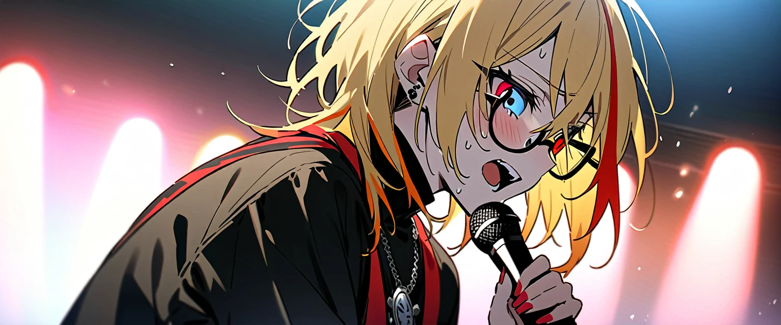 (((masterpiece,Highest quality))),(((スチームパンク風でVisual Keiの黒を基調とした衣装の短い髪のアニメの中性的な男性))),((Androgynous but male)),(((Visual Kei))),(((red and blonde streaked hair))),highlights hair,((Wears stylish, thick-framed glasses)),((Blue and red heterochromia)),((Clock and gear motif necklace,A brooch with a clock and gear motif)),(((Singing passionately on a live stage,Singing while sweating,Holding a microphone,Leaning forward))),Focus on the upper body,(high quality),アニメ