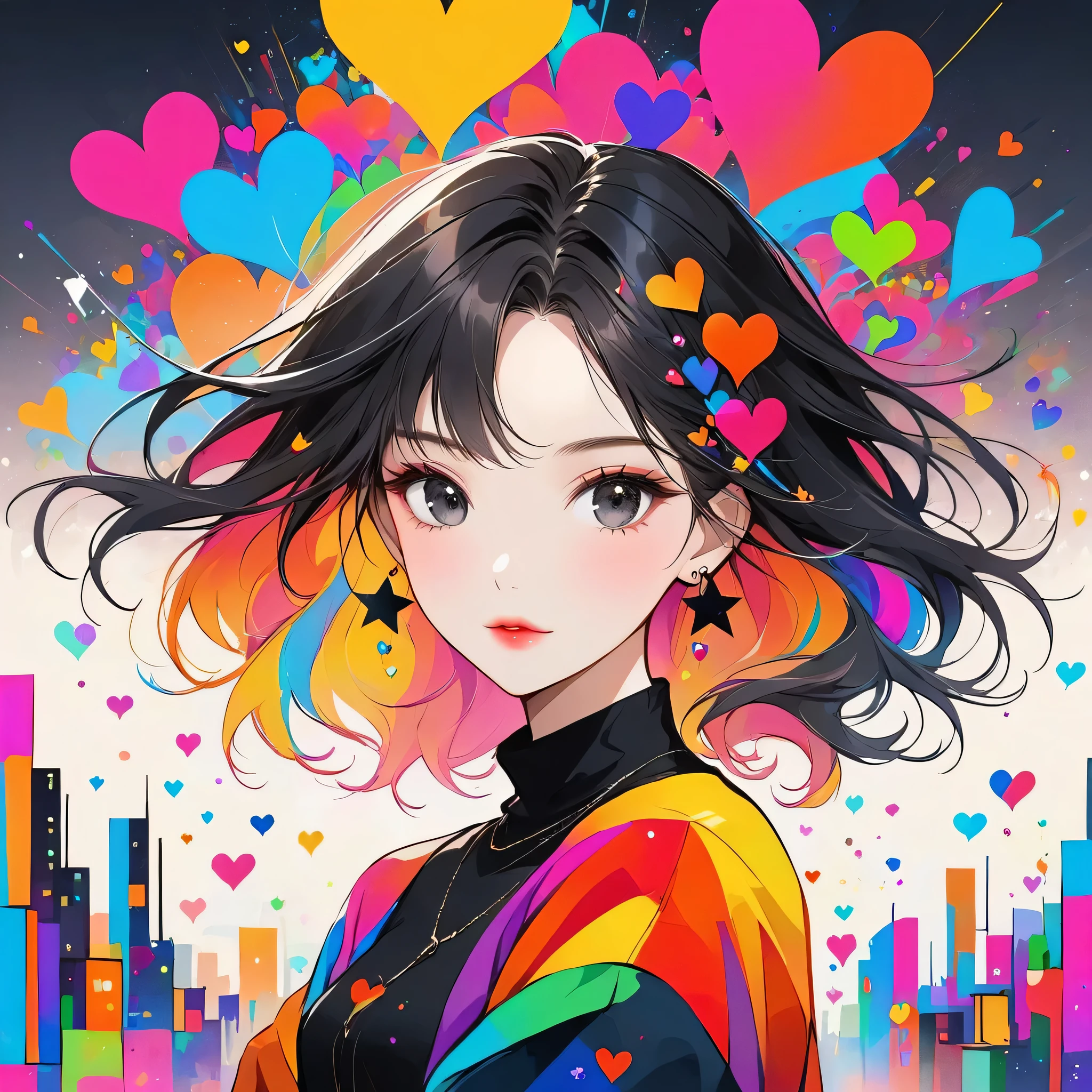 Black Star colorful style, Simple Line Initialism,Abstract art,Urban Background, (((The most beautiful girl of all time))), black eyes, Sweet face. Lips in love, colorful hearts, stylish design