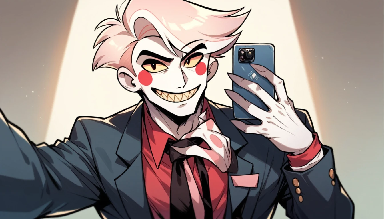 male,suit, Hazbin Hotel Style,Cartoon,From the waist up,Front camera,Selfie,tie
