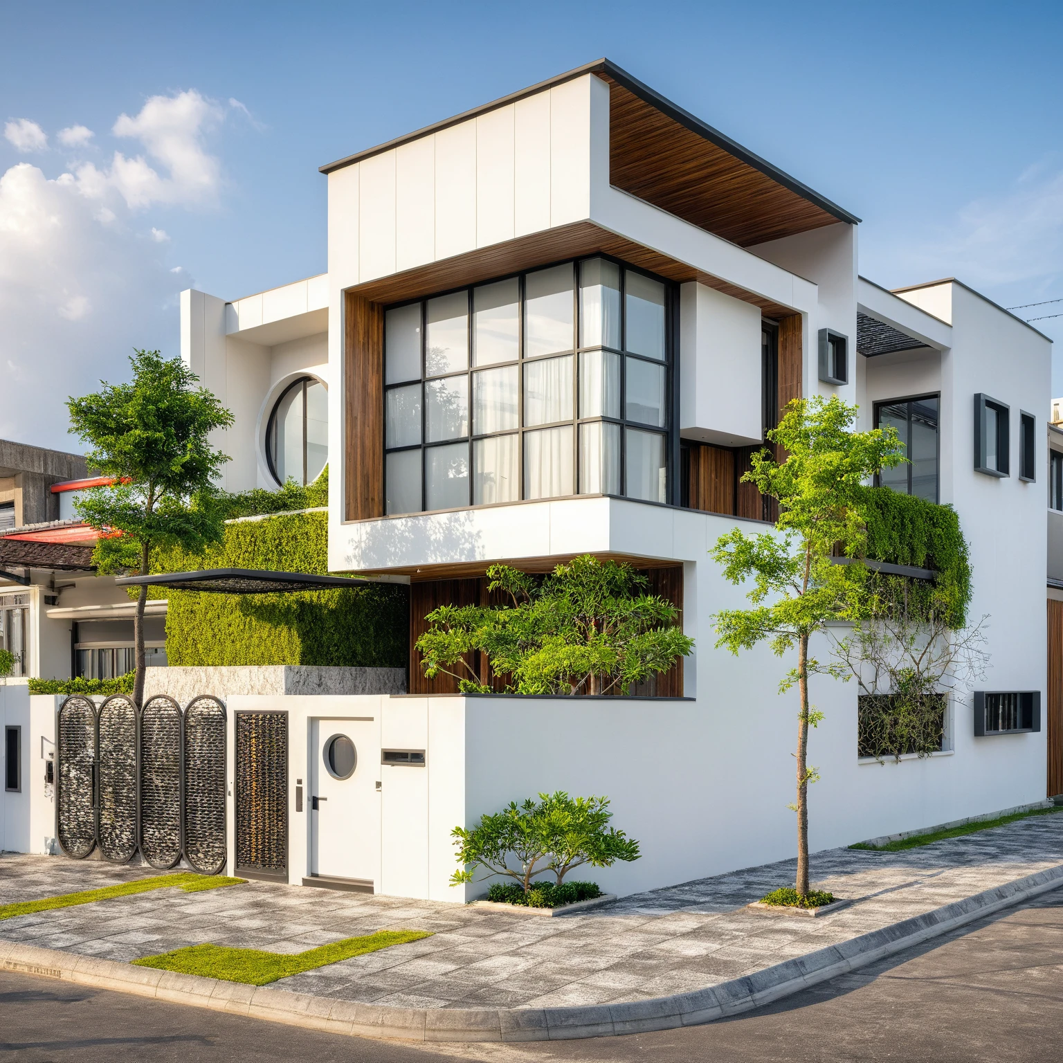 modern townhouse on street, (sunset), tropical tree, vivid colour, streetcapes, white tone, white wall, steel gate, rough white wall, large glass door, (warm interior lighting:1.2), wood and marble, best quality